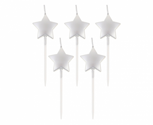Levně Dortové svíčky Stars - metalické stříbrné 6,5 cm - 5 ks