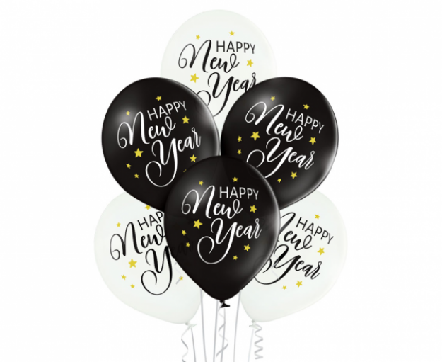 Obrázok z Latexové balóniky bielo-čierne - Happy New Year 30 cm - 6 ks