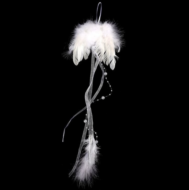 Obrázok z Závesná dekorácia z peria - Anjelské krídla so zdobením - biela