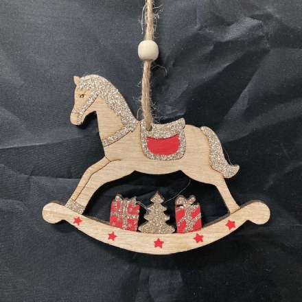 Obrázek Dřevěná ozdoba Houpací koník Vánoční - 11 x 8,5 cm