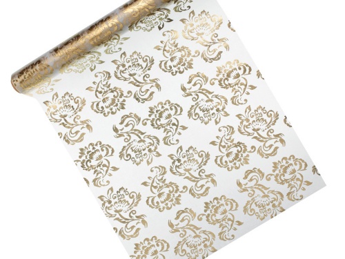 Levně Organza bílá - zlatý potisk ornamenty 36 cm x 9 m