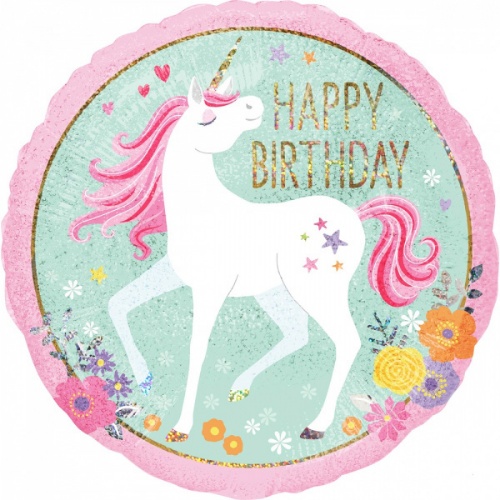 Levně Foliový holografický balonek jednorožec - Happy Birthday 43 cm