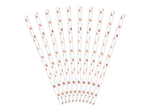 Levně Papírová brčka, Rose gold srdíčka, 10 ks