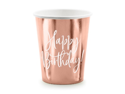 Obrázek Papírové kelímky metalické rose gold - Happy Birthday 6 ks