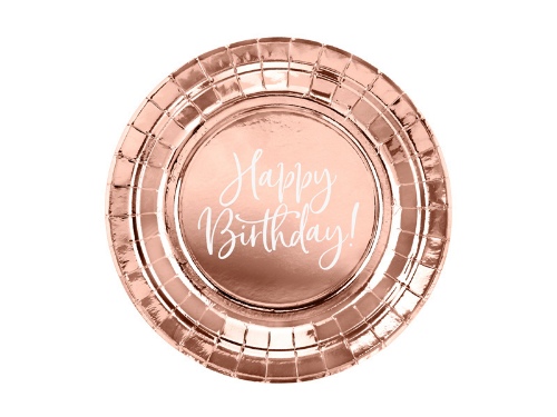Levně Papírové talířky metalické rose gold - Happy Birthday 6 ks