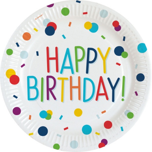 Levně EKO Papírové talíře Rainbow Confetti - Happy Birthday 23 cm - 8 ks