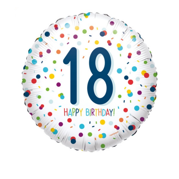 Obrázek z Foliový balonek Rainbow Confetti - Happy Birthday 18 - 43 cm 