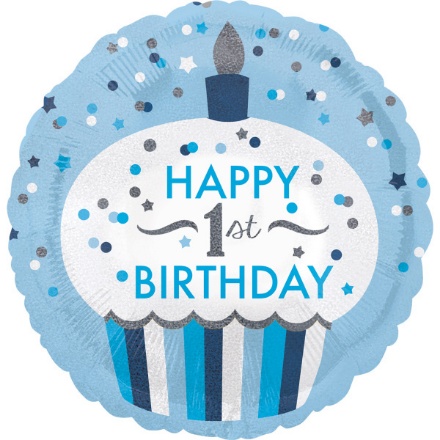 Obrázek Foliový balonek holografický modrý - 1st Birthday 43 cm