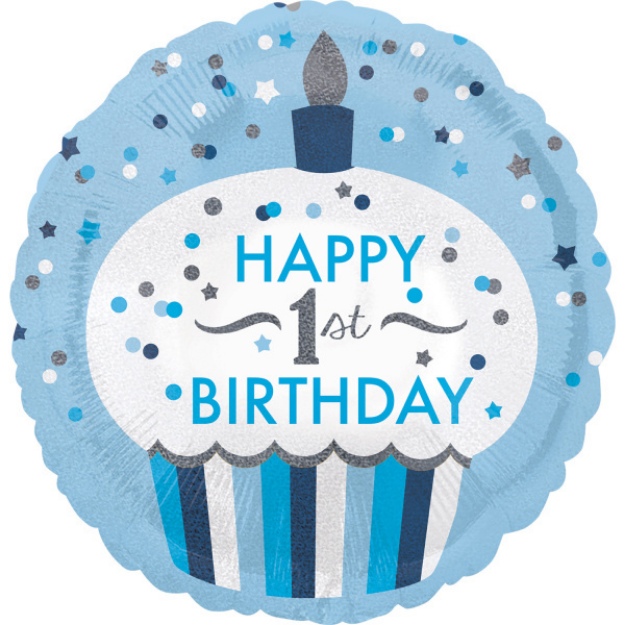 Obrázek z Foliový balonek holografický modrý - 1st Birthday 43 cm 