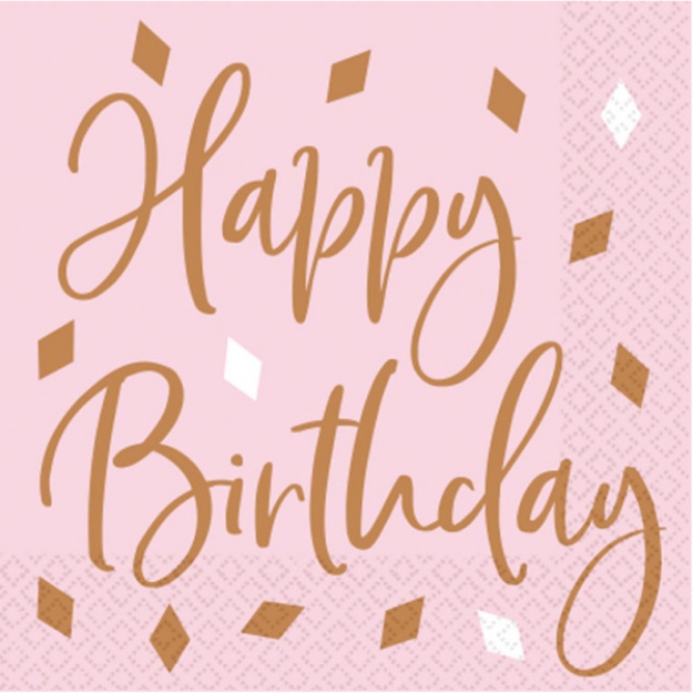 Obrázok z Papierové obrúsky Pink rosegold Happy Birthday 16 ks