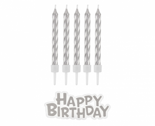 Levně Dortové svíčky stříbrné s držátky a nápis Happy Birthday 8 cm - 16 ks