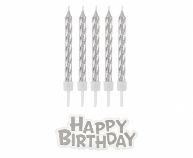 Obrázek z Dortové svíčky stříbrné s držátky a nápis Happy Birthday 8 cm - 16 ks 