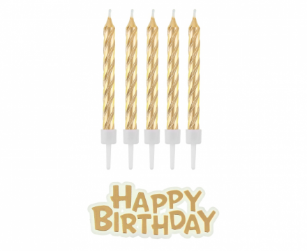 Obrázek Dortové svíčky zlaté s držátky a nápis Happy Birthday 8 cm - 16 ks