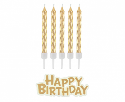 Levně Dortové svíčky zlaté s držátky a nápis Happy Birthday 8 cm - 16 ks