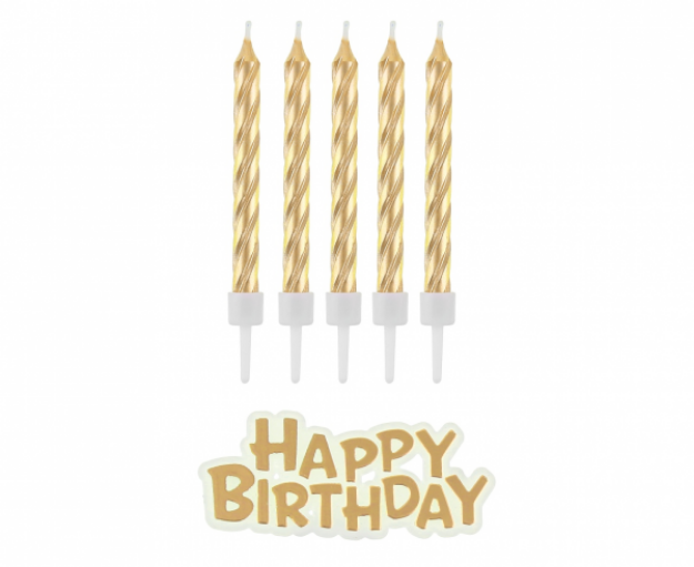 Obrázek z Dortové svíčky zlaté s držátky a nápis Happy Birthday 8 cm - 16 ks 