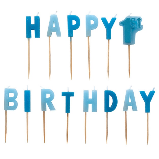 Obrázok z Tortové sviečky modré nápis happy 1st birthday 14 ks