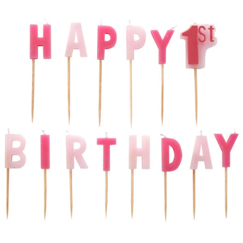 Levně Dortové svíčky růžové nápis happy 1st birthday 14 ks