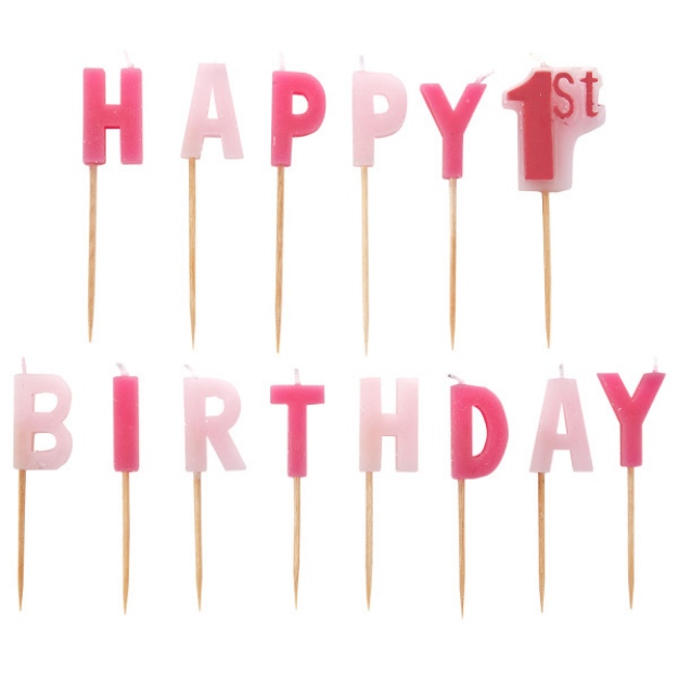 Obrázek z Dortové svíčky růžové nápis happy 1st birthday 14 ks 