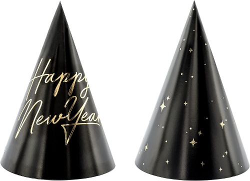 Levně Papírové čepičky Happy New Year Černo-zlaté - 6ks