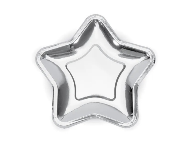 Obrázok z Papierové taniere v tvare hviezdy - metalické strieborné 23 cm