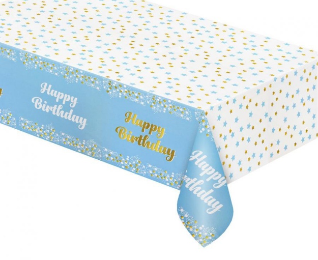 Obrázek z Foliový party ubrus Happy Birthday - světle modrý 137x183 cm 