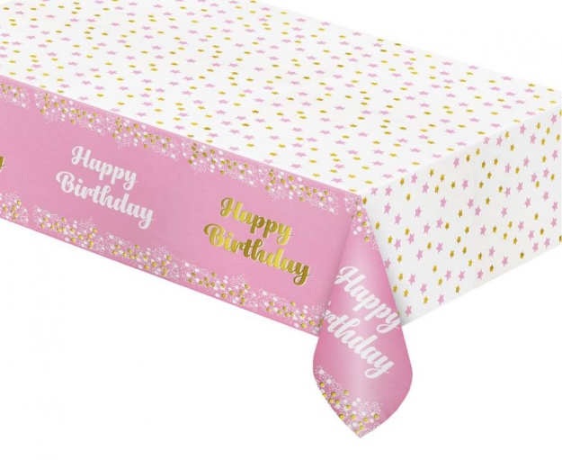 Obrázek z Foliový party ubrus Happy Birthday - světle růžový 137x183 cm 