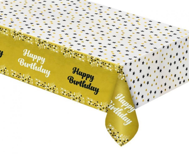 Obrázok z Fóliový párty obrus Happy Birthday - zlatý 137x183 cm
