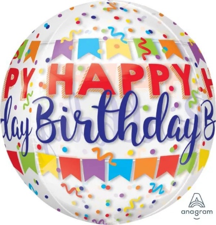 Obrázek Foliový balonek koule Orbz průhledná Happy Birthday 40 cm