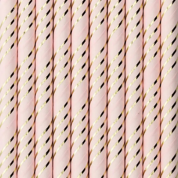 Obrázok z Papierová slamka ružová - zlaté pruhy 10 ks