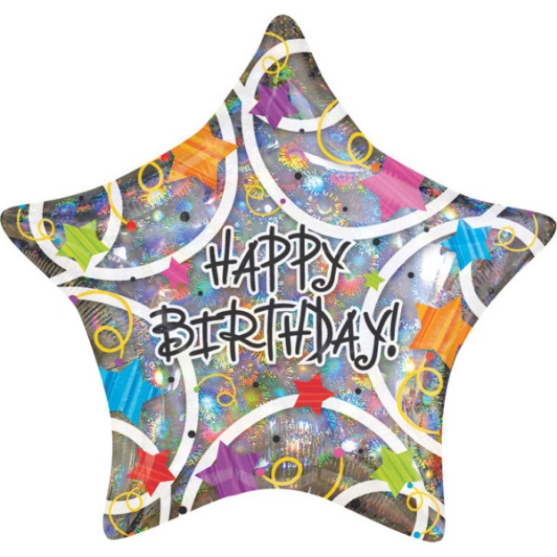 Obrázek z Foliový balonek hvězda s geometrickými tvary - Happy Birthday 48 cm 