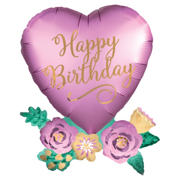 Obrázek z Foliový balonek srdce Satin -  flowers Happy Birthday - 58 x 76 cm 