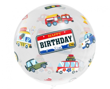 Obrázek Balonek bublina průhledná s potiskem Auta - Happy Birthday - 51 cm