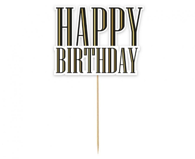 Obrázek z Dekorace na dort - Happy Birthday, černo - zlatá - 13 cm 