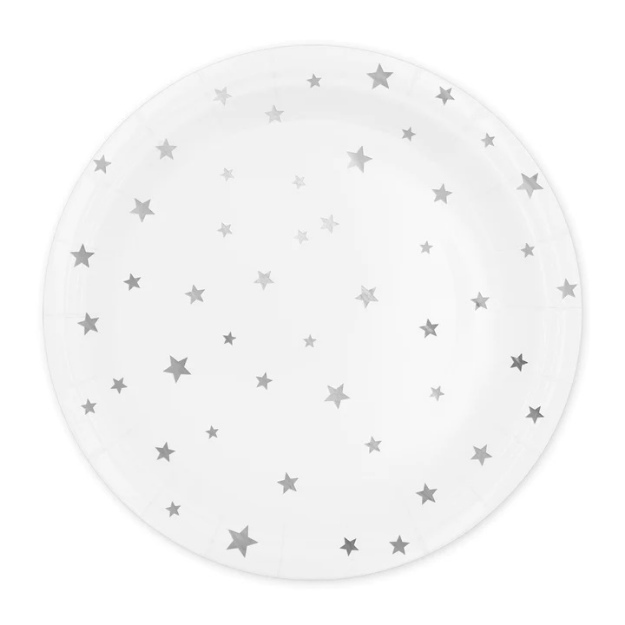 Obrázek z Papírové talíře bílé se stříbrnými hvězdičkami 18 cm - 6 ks 