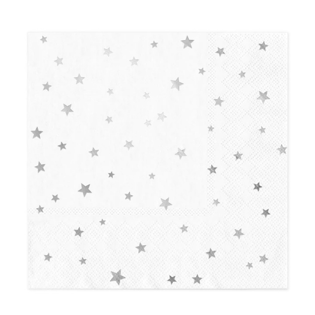 Obrázok z Papierové obrúsky biele so striebornými hviezdičkami, 10 ks - 33 cm x 33 cm