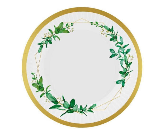 Obrázok z EKO Papierové taniere - biele so zelenými lístkami 18 cm - 6 ks