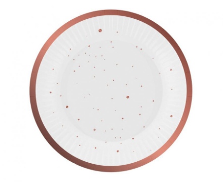 Obrázek Papírové talíře - bílé s rosegold tečkami 18 cm - 6 ks