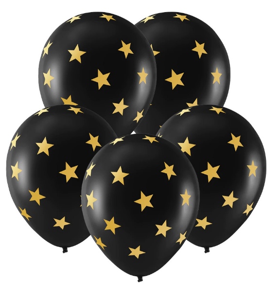 Obrázok z Čierne balóniky s potlačou zlatej hviezdy - 30 cm, 5 ks