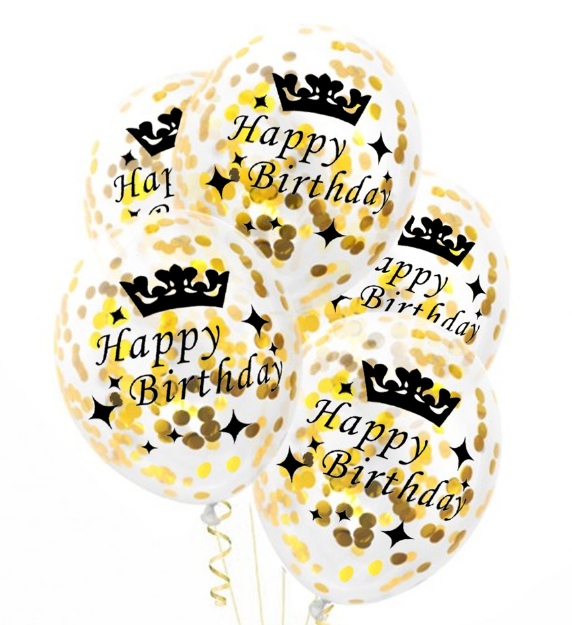 Obrázek z Průhledné balonky Happy Birthday s zlatými konfetami - 30 cm, 5 ks 