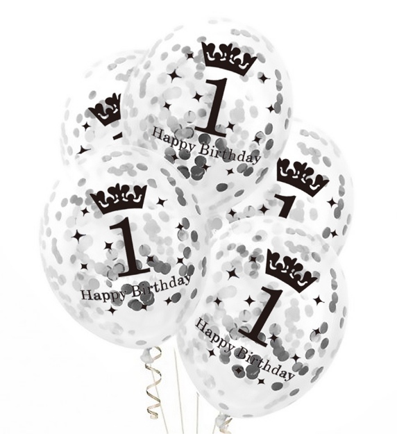 Obrázok z Priehľadné balóniky Prvé narodeniny so striebornými konfetami - 30 cm, 5 ks