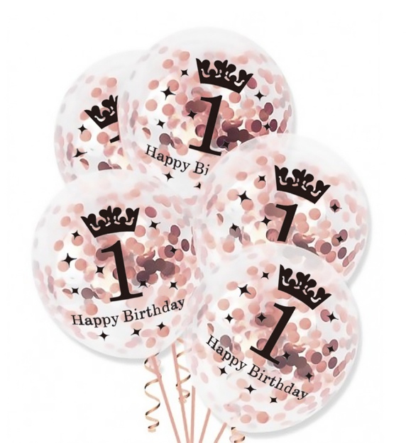 Obrázok z Priehľadné balóniky Prvé narodeniny s RoseGold konfetami - 30 cm, 5 ks