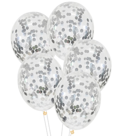 Obrázek Průhledné balonky se stříbrnými konfetami, 30 cm - 5 ks