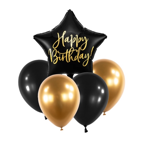 Levně Balónkový set Happy Birthday Černo zlatý - 5 ks