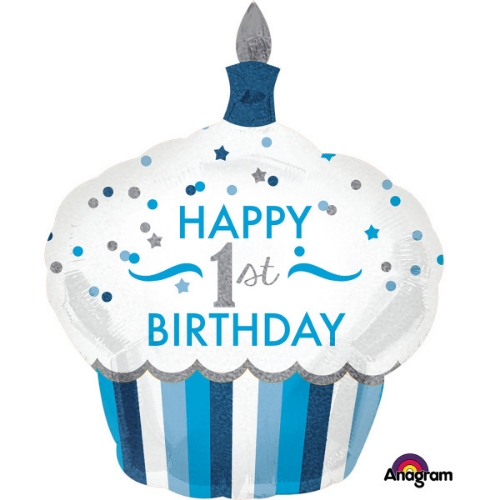 Levně Foliový balonek holografický modrý muffin - Happy 1st Birthday, 73 x 91cm