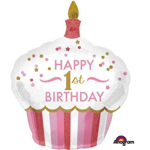 Foliový balonek holografický růžový muffin - Happy  1st Birthday, 73 x 91cm