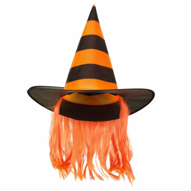 Obrázek z Čarodějnický klobouk černo-oranžový s vlasy 