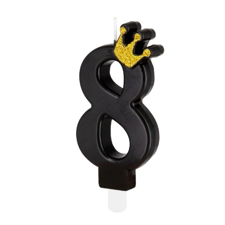 Obrázek Dortová svíčka číslo 8 - černá s korunkou 8,8 cm
