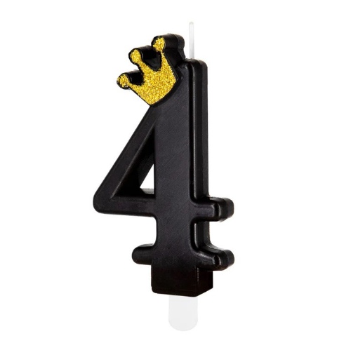 Levně Dortová svíčka číslo 4 - černá s korunkou 8,8 cm