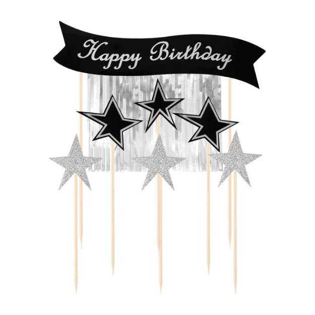 Obrázek z Dekorace na dort stříbrná - Happy Birthday Hollywood, 7 ks 
