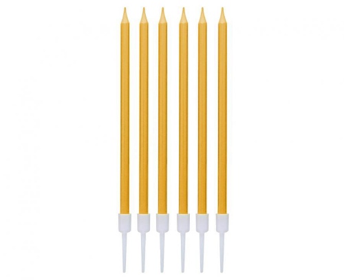 Levně Dortové svíčky s držátky - zlaté metalické 13,5 cm - 6 ks